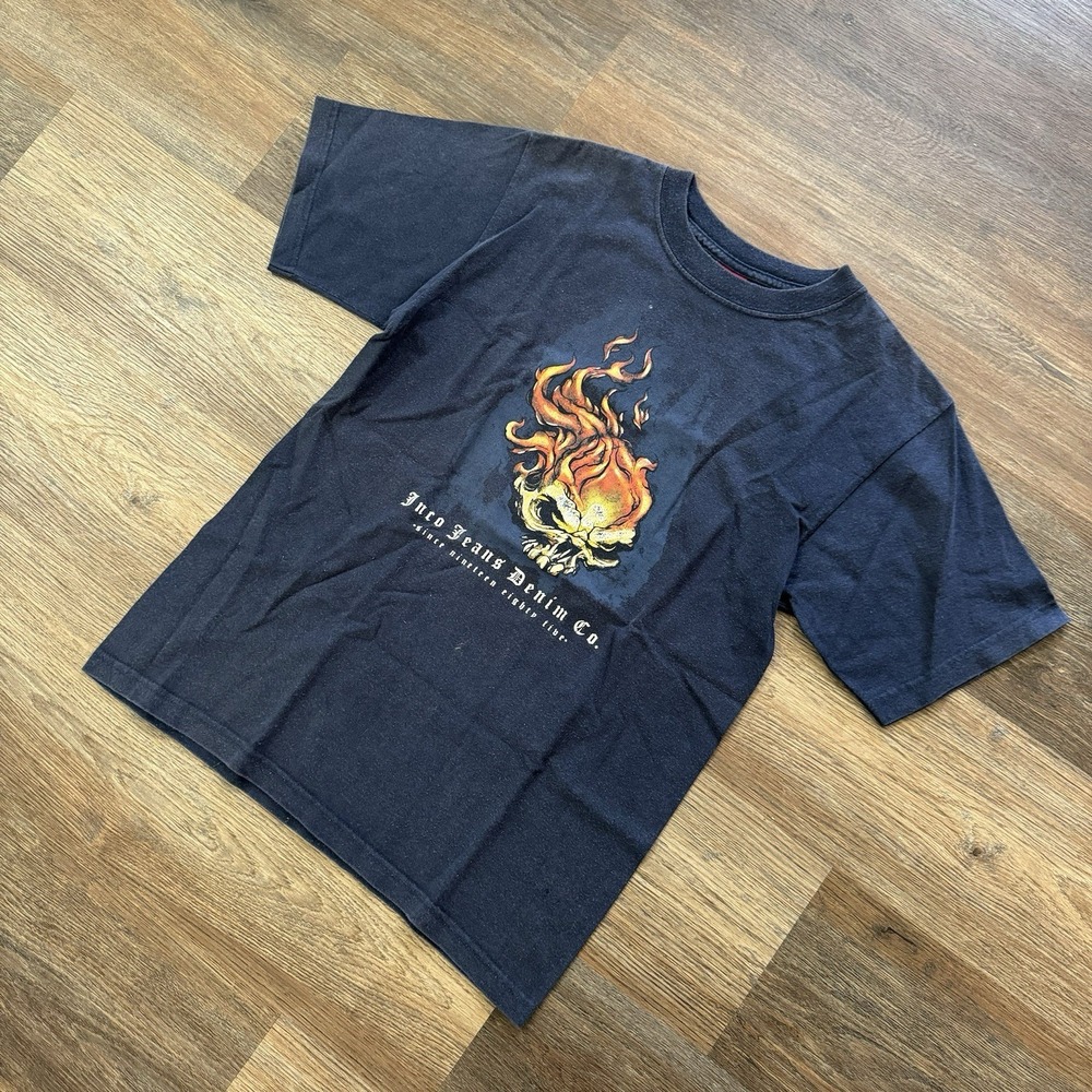 Y2K JNCO Jeans Flaming Skull T‎ Shirt Sz M Kids? Skater Grunge Y2K